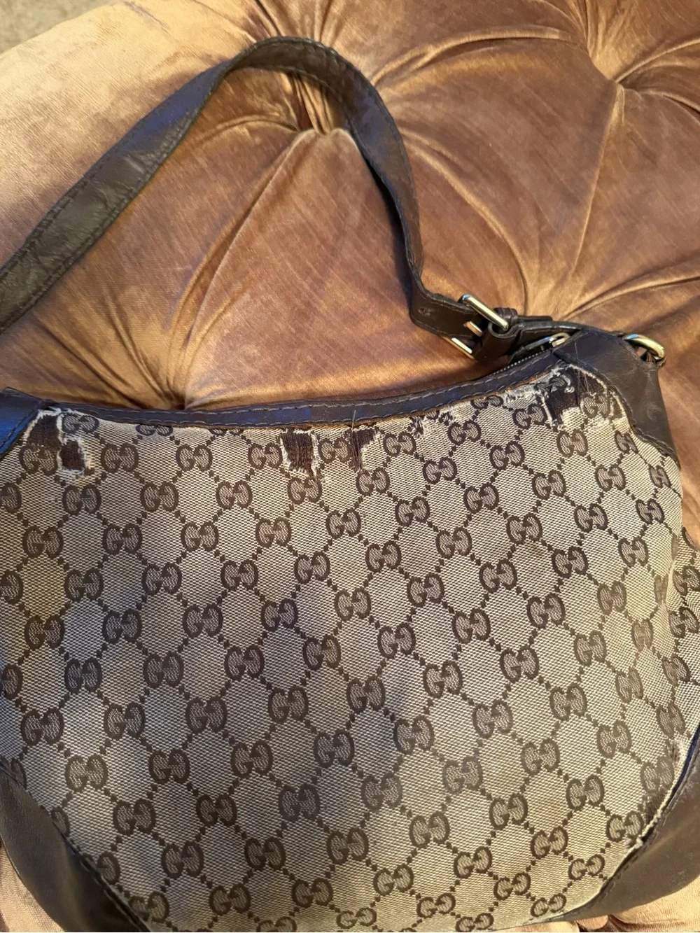 Gucci Beige GG Canvas Hobo with Dark Brown Leather Trim